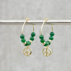 Gold peace earrings green agate
