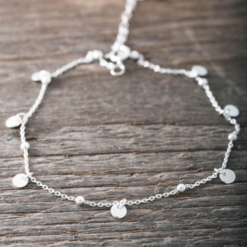 Silver anklet with silver beads & dangling mini discs