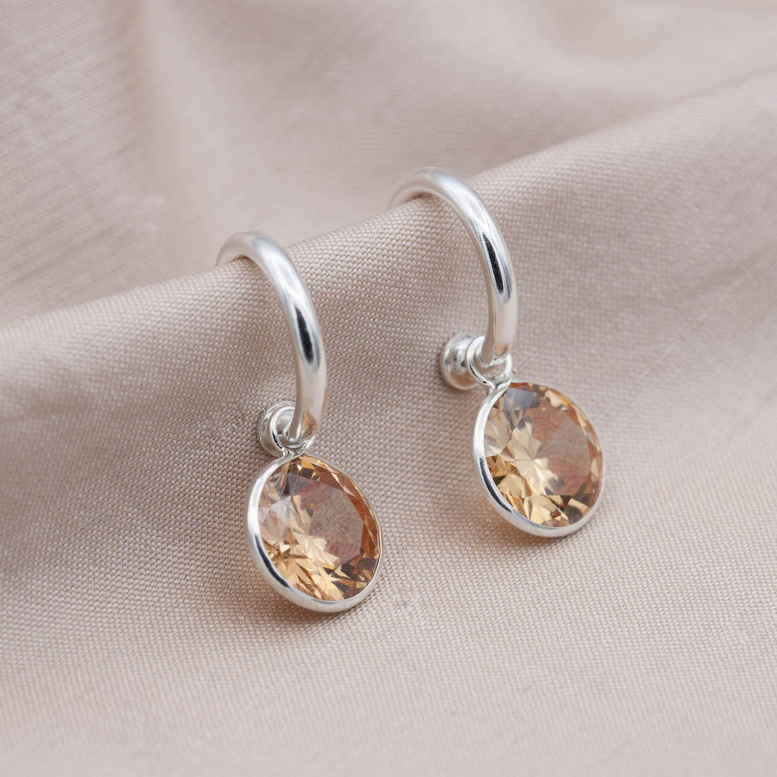 Silver hoops champagne stone