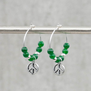 Silver peace earrings green agate
