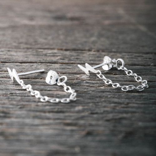 Silver earrings lightning bolt with chain