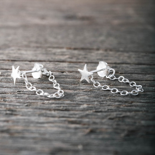 Silver earrings star with chain