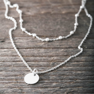 Silver necklace double chain with disc