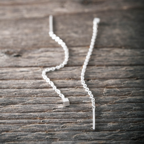 Silver earrings chain with cube