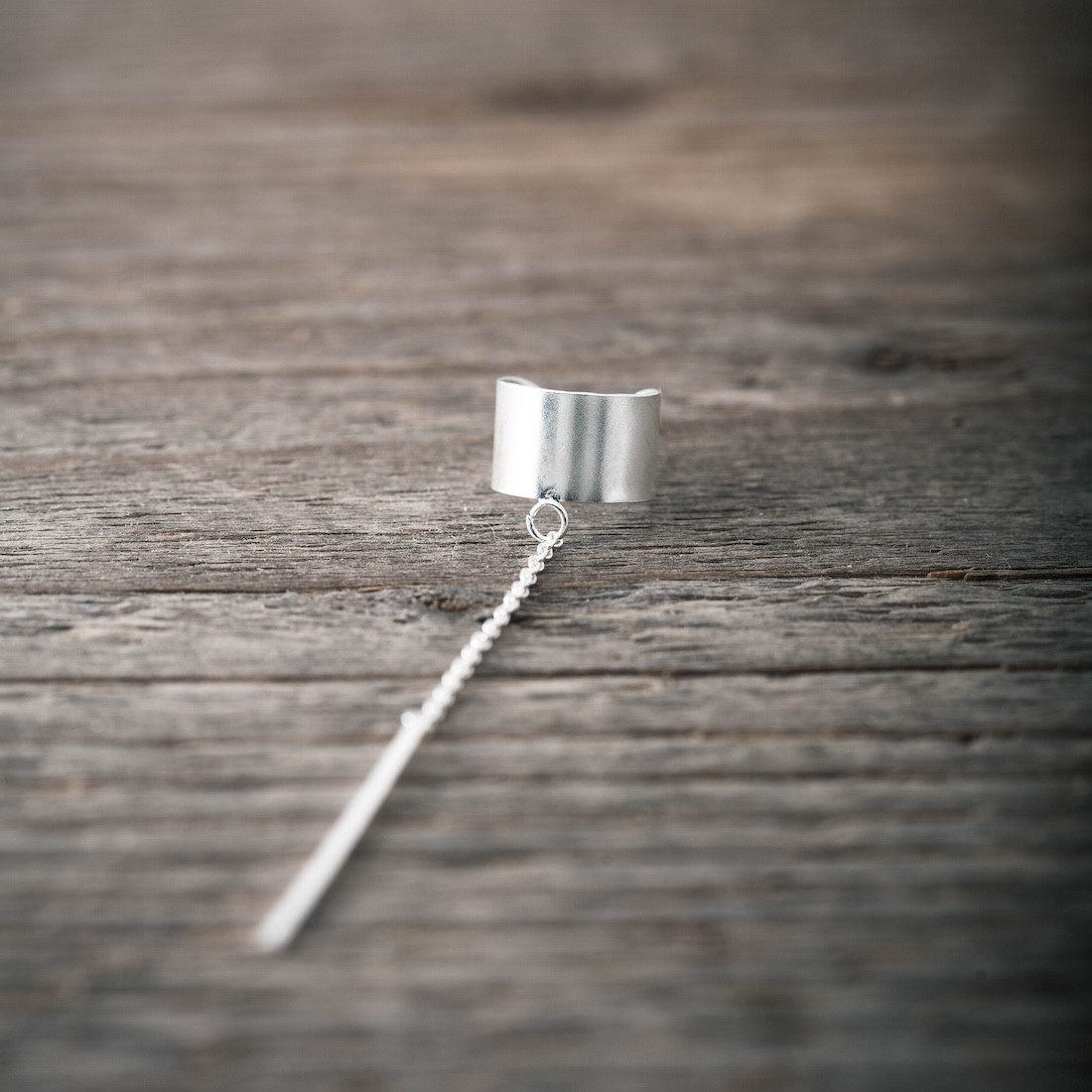 Silver earring ear cuff with long chain