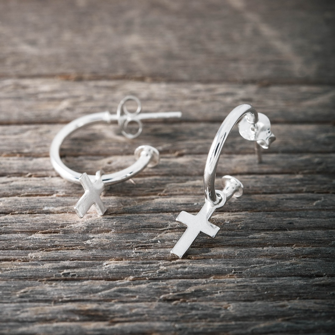 Silver earrings hoops with cross