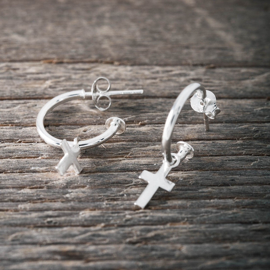 Silver earrings hoops with cross