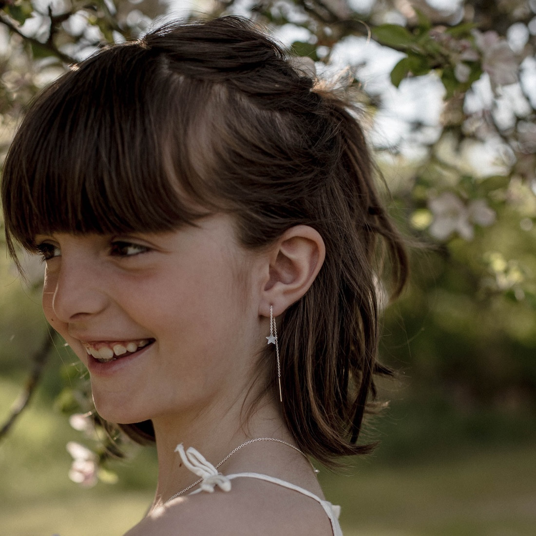 Silver earrings treaded chain with star