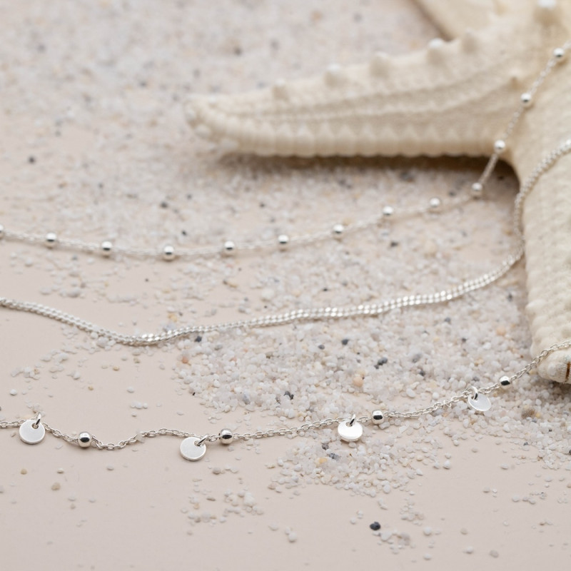 Silver anklet with silver beads & dangling mini discs