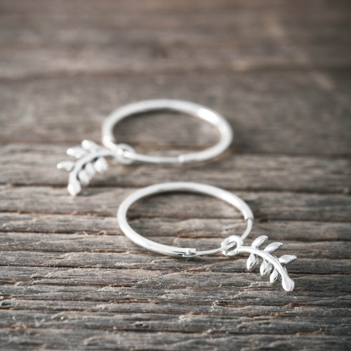 Silver Hoop Earring -Tree of Life Leaf
