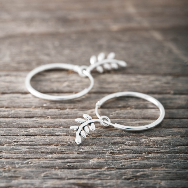 Silver Hoop Earring -Tree of Life Leaf
