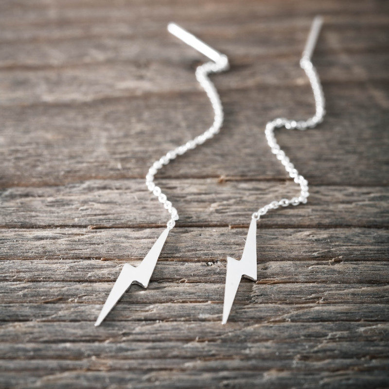 Silver Threader Earrings -Lightning bolt