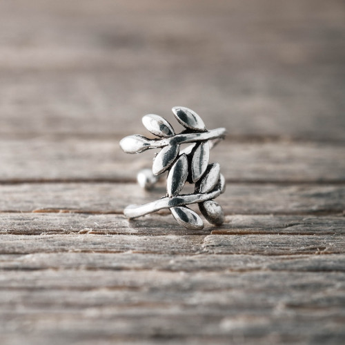 Silver earring ear cuff - leaf
