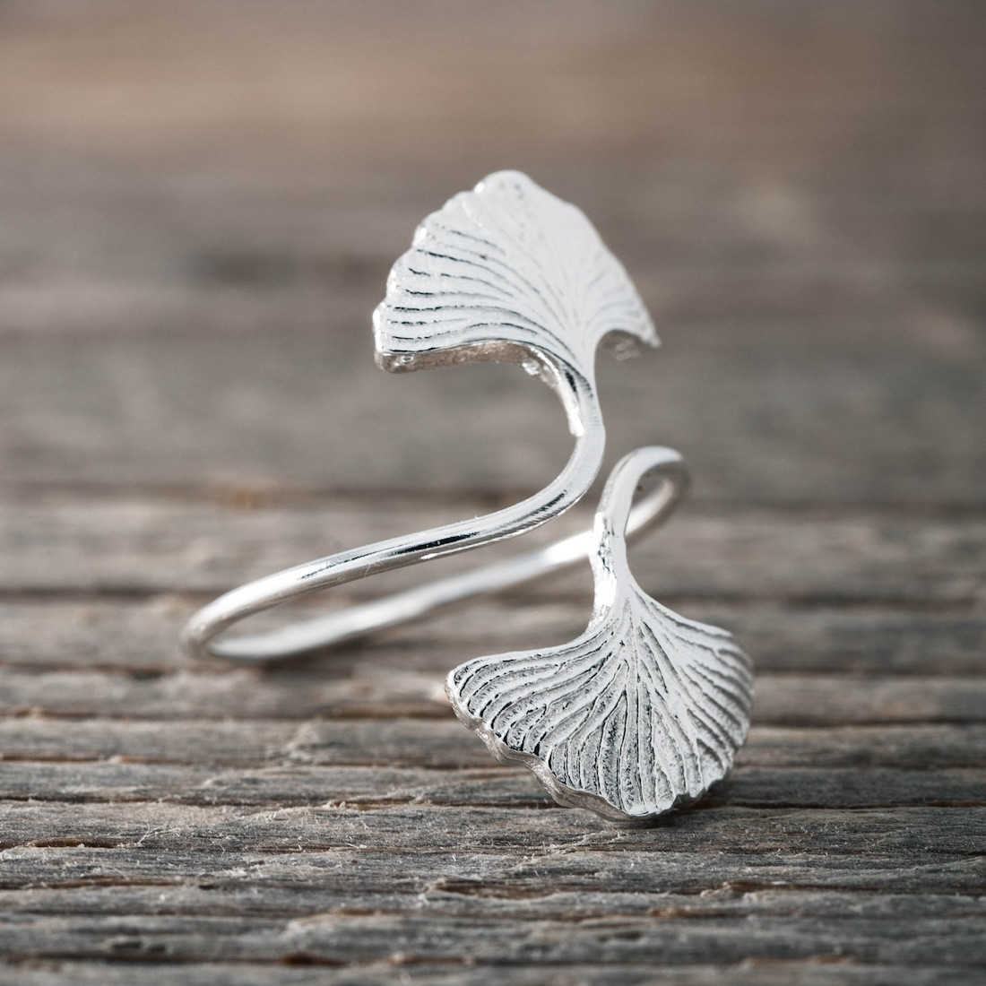 Silver ring two Ginkgo leaves
